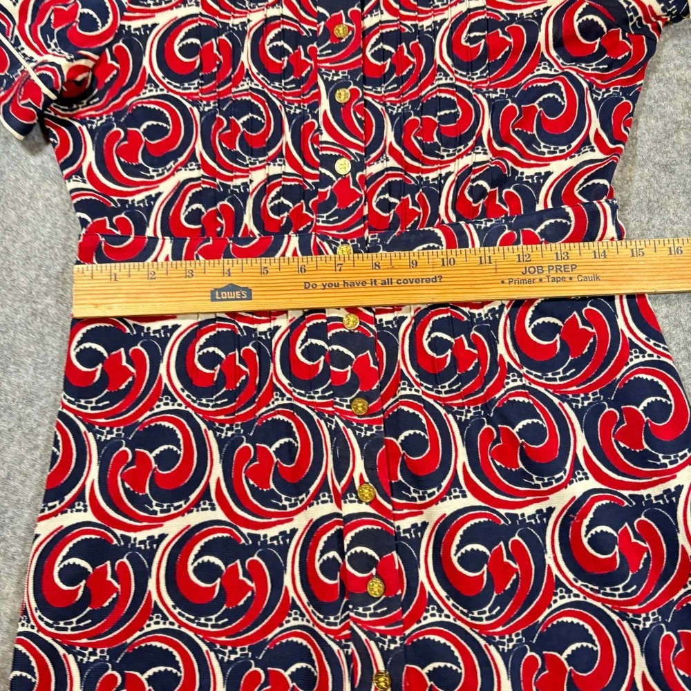 Tory Burch Dress Womens S Red Blue Swirl Print Button Front Logo 70s Geometric